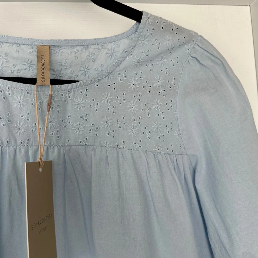 Soya‎ Concept Puff Sleeve Eyelet Detail Cottagecore Prairie Blue Size Small NWT